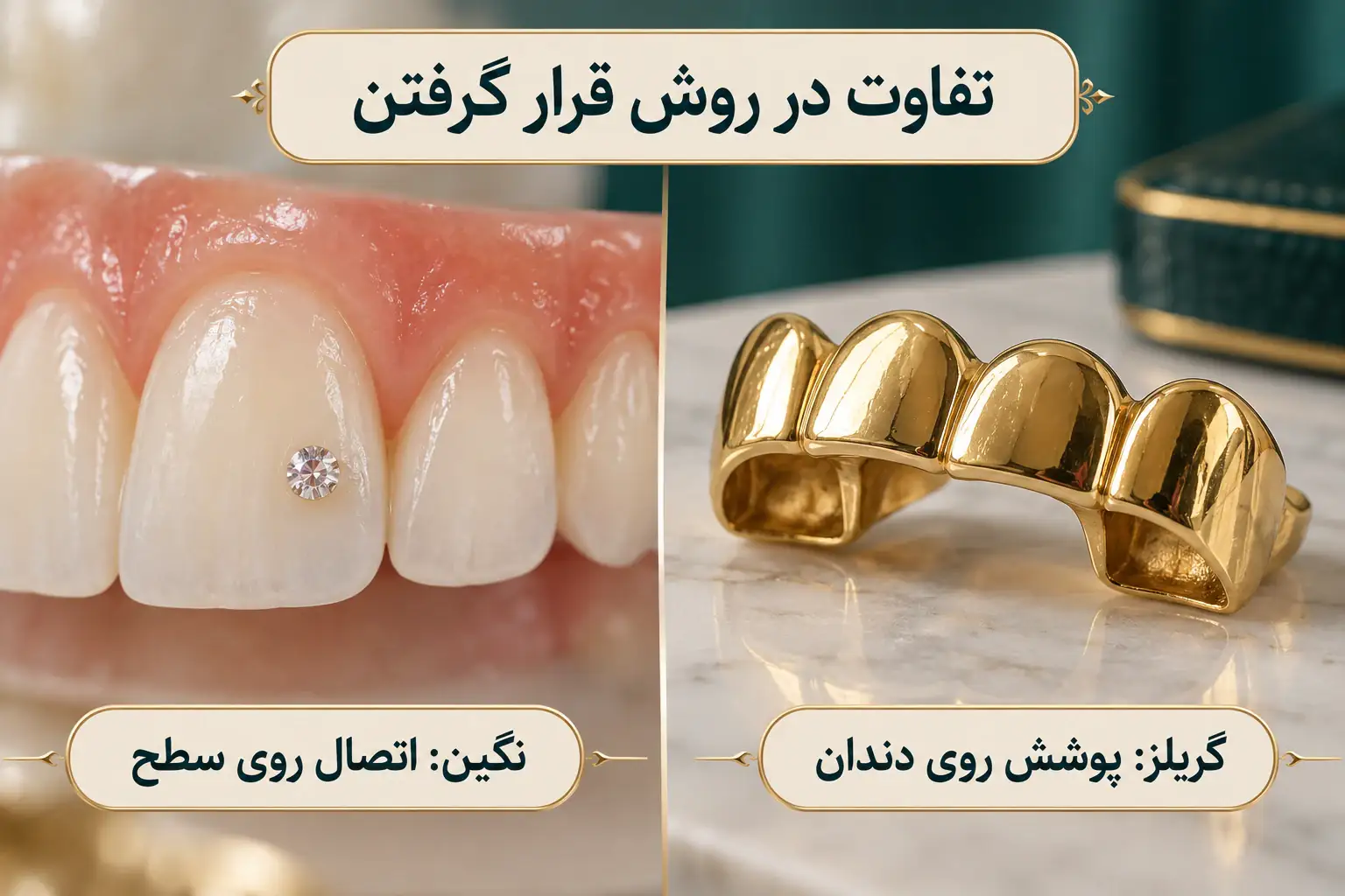 اینفوگرافیک اتصال نگین روی سطح و قرار گرفتن گریلز روی دندان