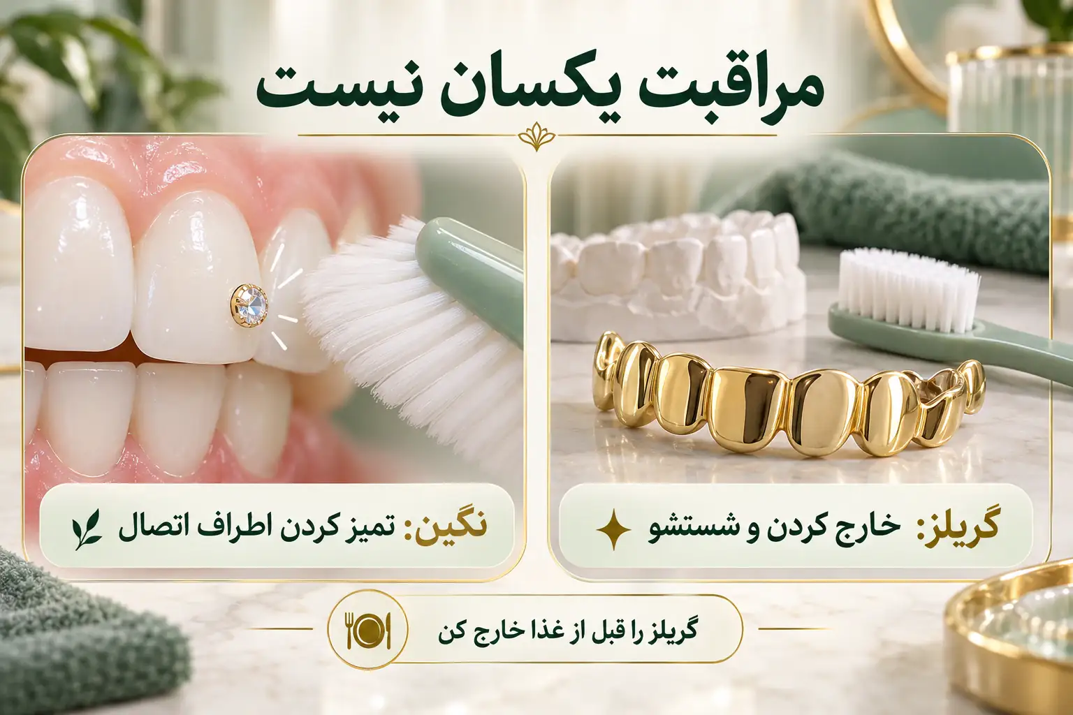 اینفوگرافیک تمیز کردن اطراف نگین و خارج کردن گریلز برای شستشو