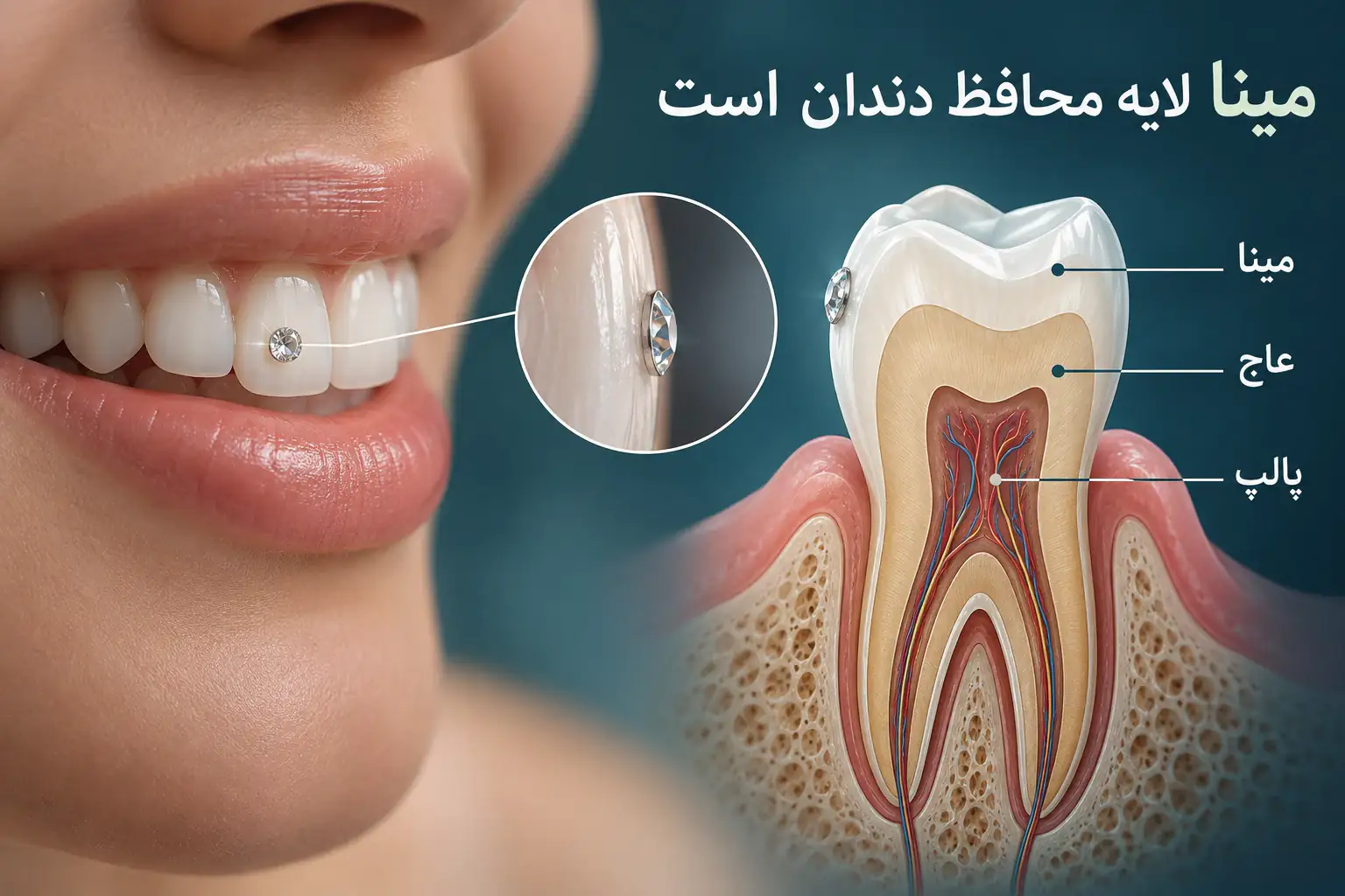نمودار لایه های مینا، عاج و پالپ با نگین روی سطح بیرونی دندان