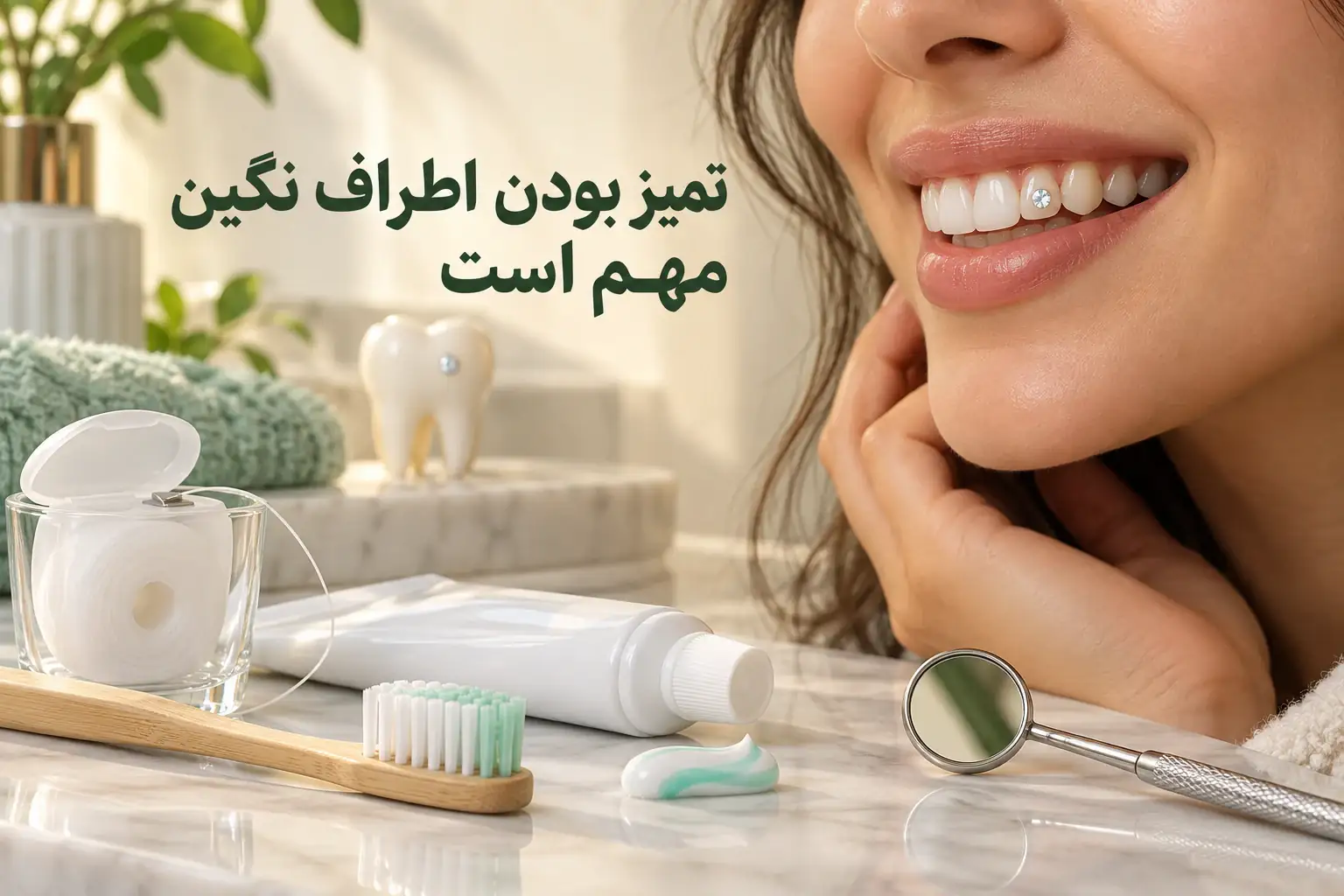 تصویر توضیحی مسواک نرم، نخ دندان و مراقبت اطراف نگین