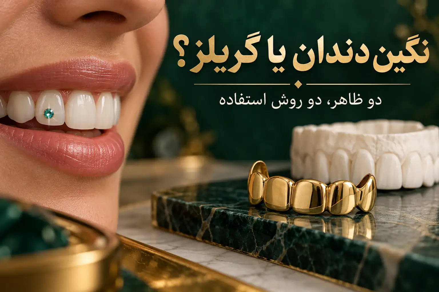 تصویر شاخص متن دار مقایسه نگین دندان با گریلز طلایی