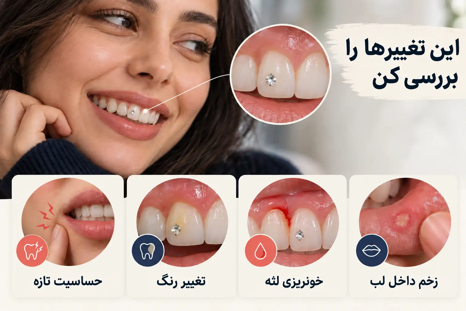 اینفوگرافیک حساسیت تازه، تغییر رنگ، خونریزی لثه و زخم داخل لب