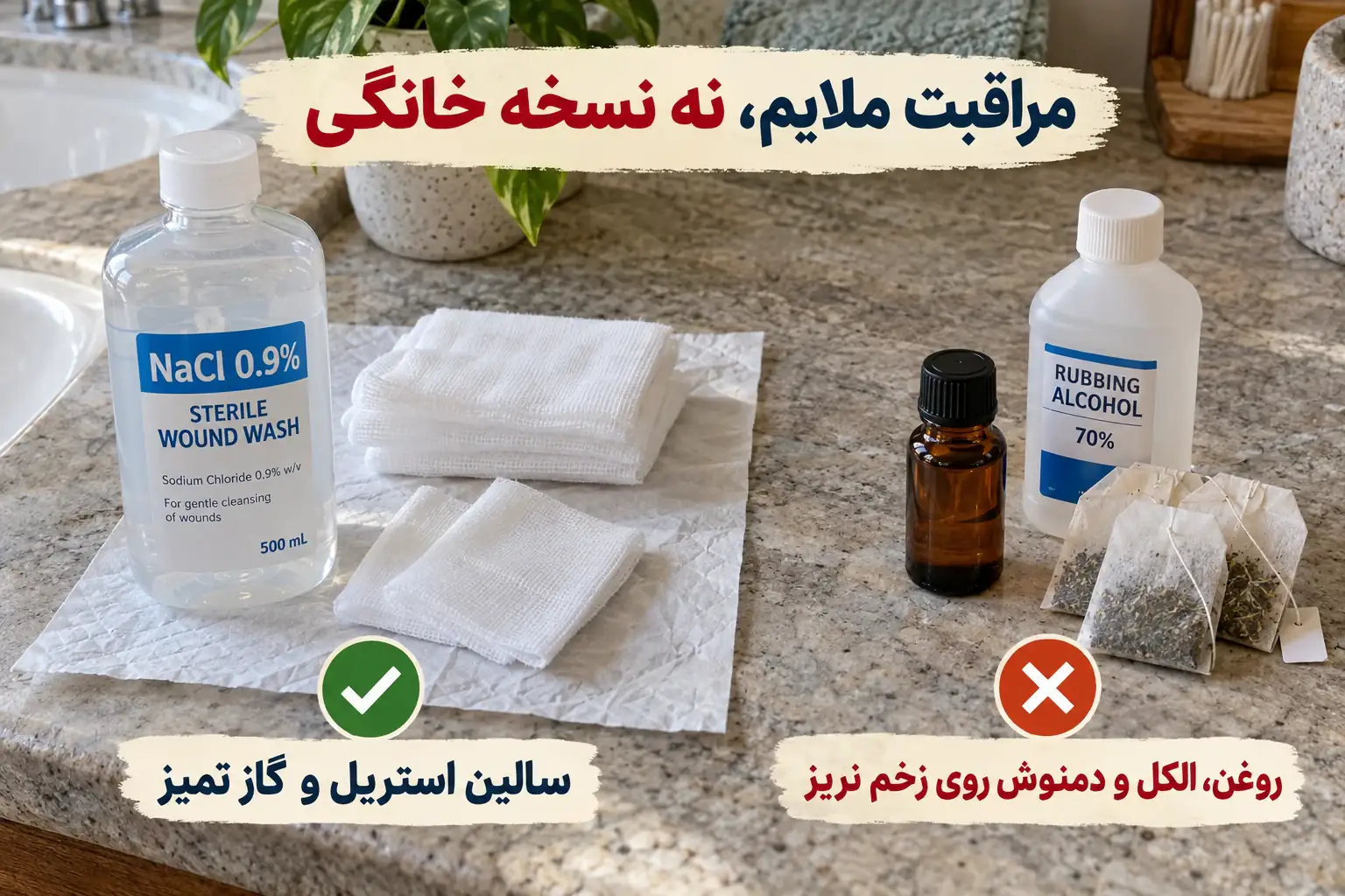 سالین استریل و گاز تمیز برای مراقبت ملایم و مواد نامناسب مانند روغن و الکل