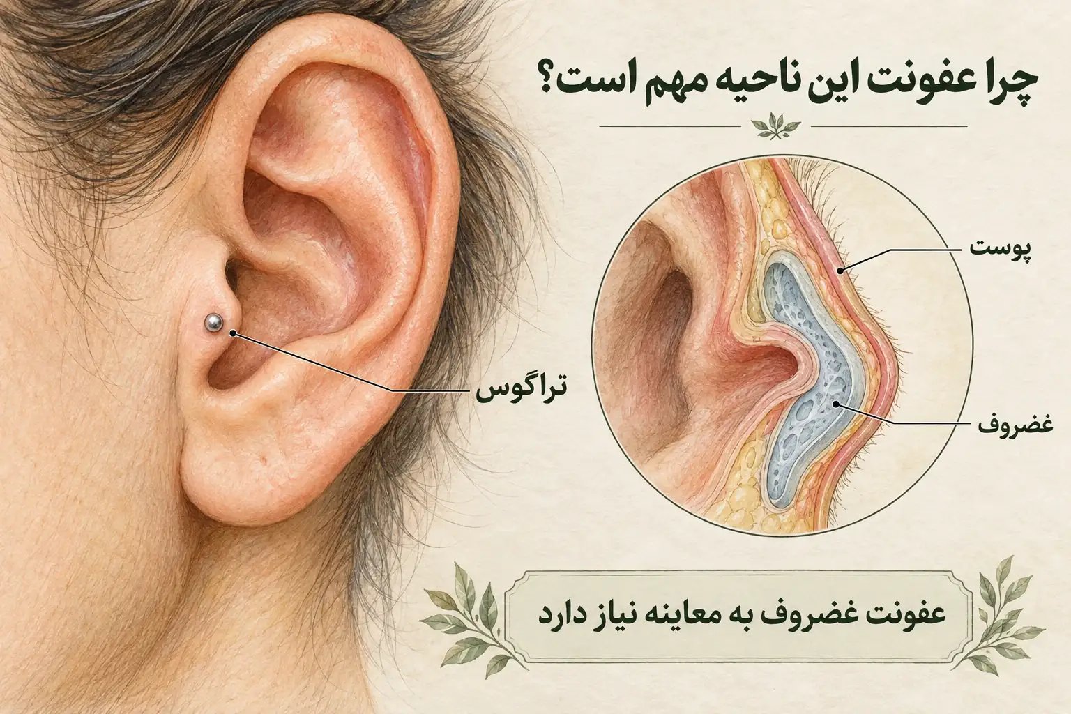 محل تراگوس در جلوی مجرای گوش و نمایش آموزشی پوست و غضروف