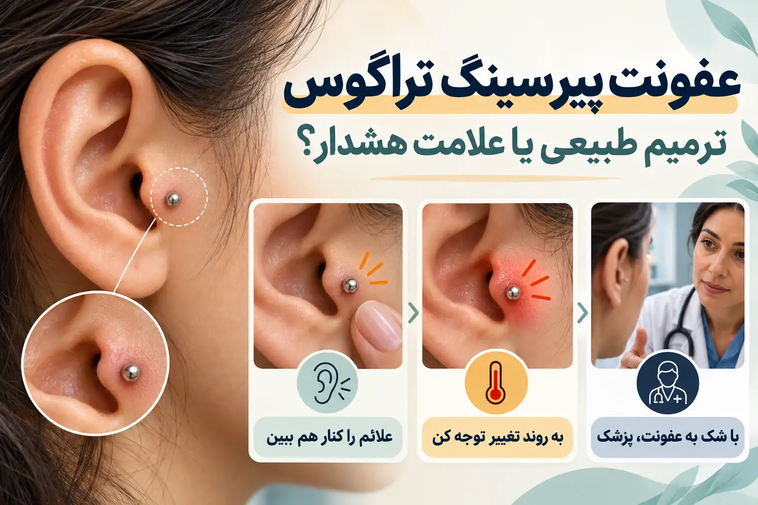 اینفوگرافیک عفونت پیرسینگ تراگوس و تفاوت ترمیم طبیعی با علائم نیازمند مراجعه