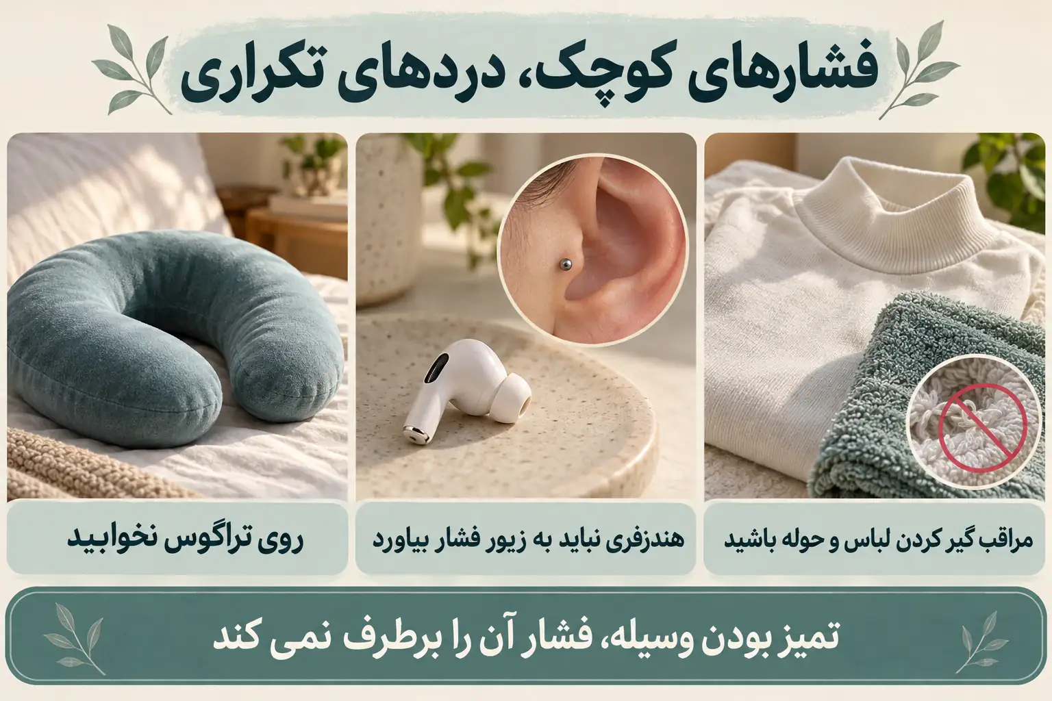 کاهش درد تراگوس با پرهیز از فشار بالش و هندزفری و جلوگیری از گیر کردن لباس و حوله